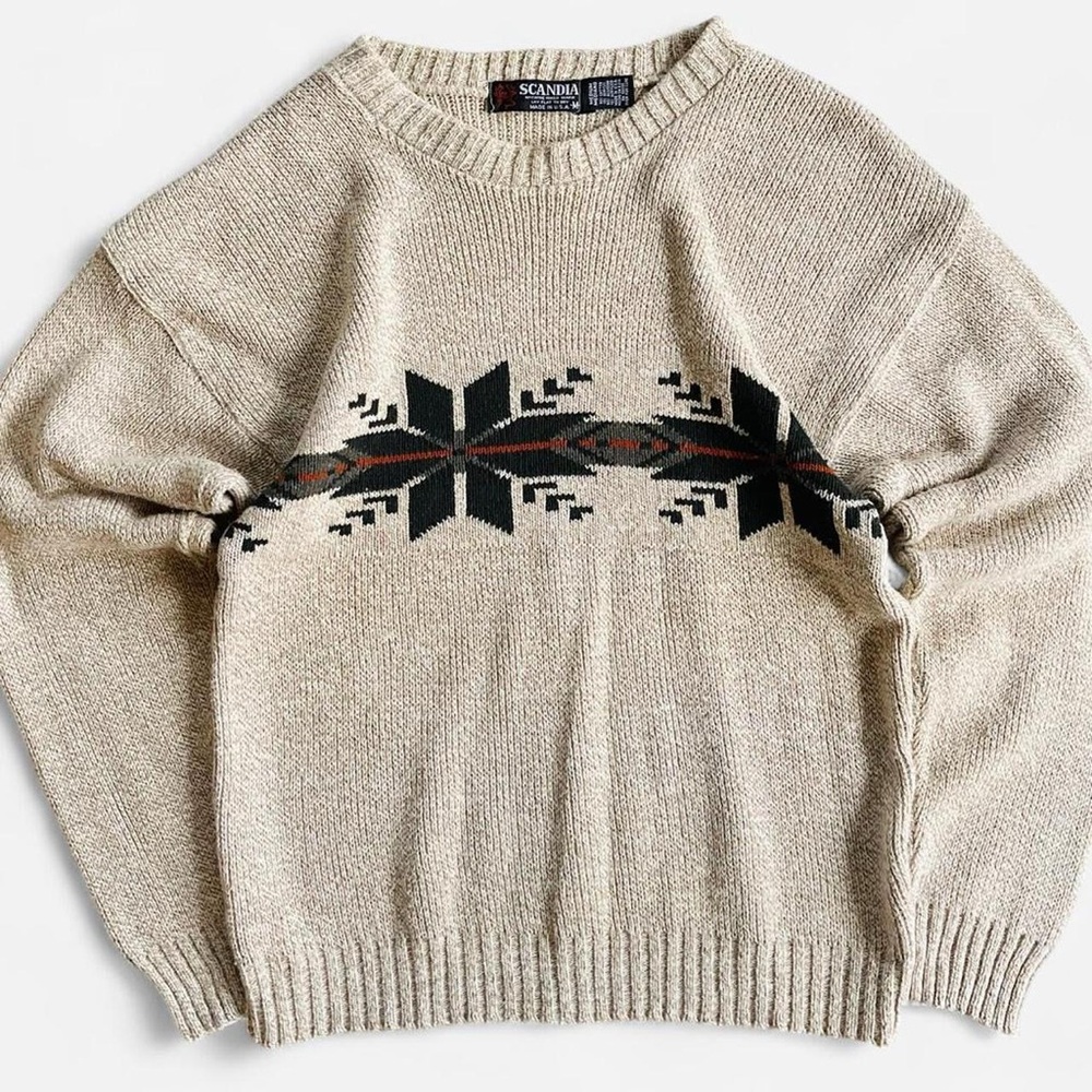Vintage Men’s Scandia Cotton Blend Knit Cream Tan Nordic Snowflake Sweater